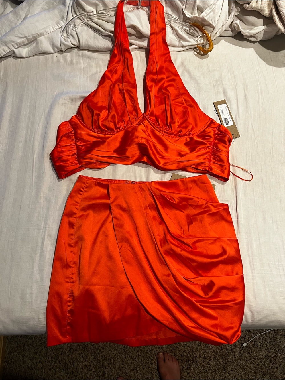 DO+BE Orange Satin Draped Halter Crop Top & Mini Skirt Set